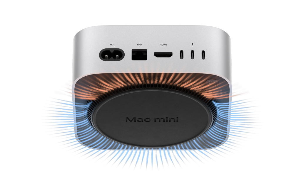 Mac mini 背面端口的视图,半透明示意图展示铝金属外壳内的散热和通风系统。